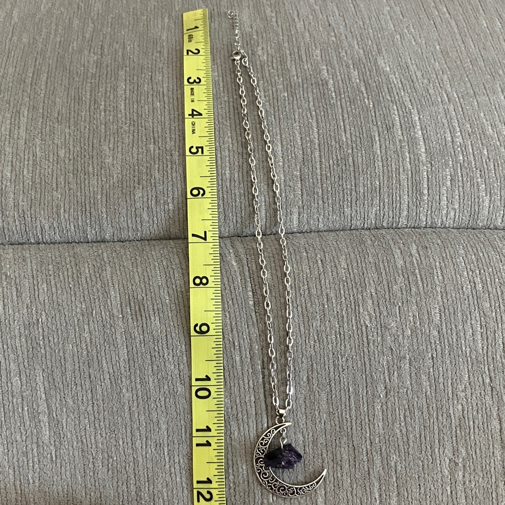 Silver Moon Pendant Necklace with Purple Stone